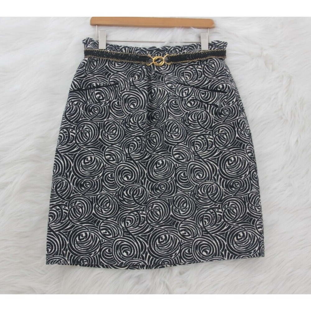 Elevenses Skirt Women's 2 Black White Swirl Straight Lined Gold Belted Old Money